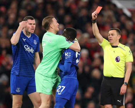 Idrissa Gueye was shown a straight red card after a shocking altercation with his own teammate, Michael Keane.
