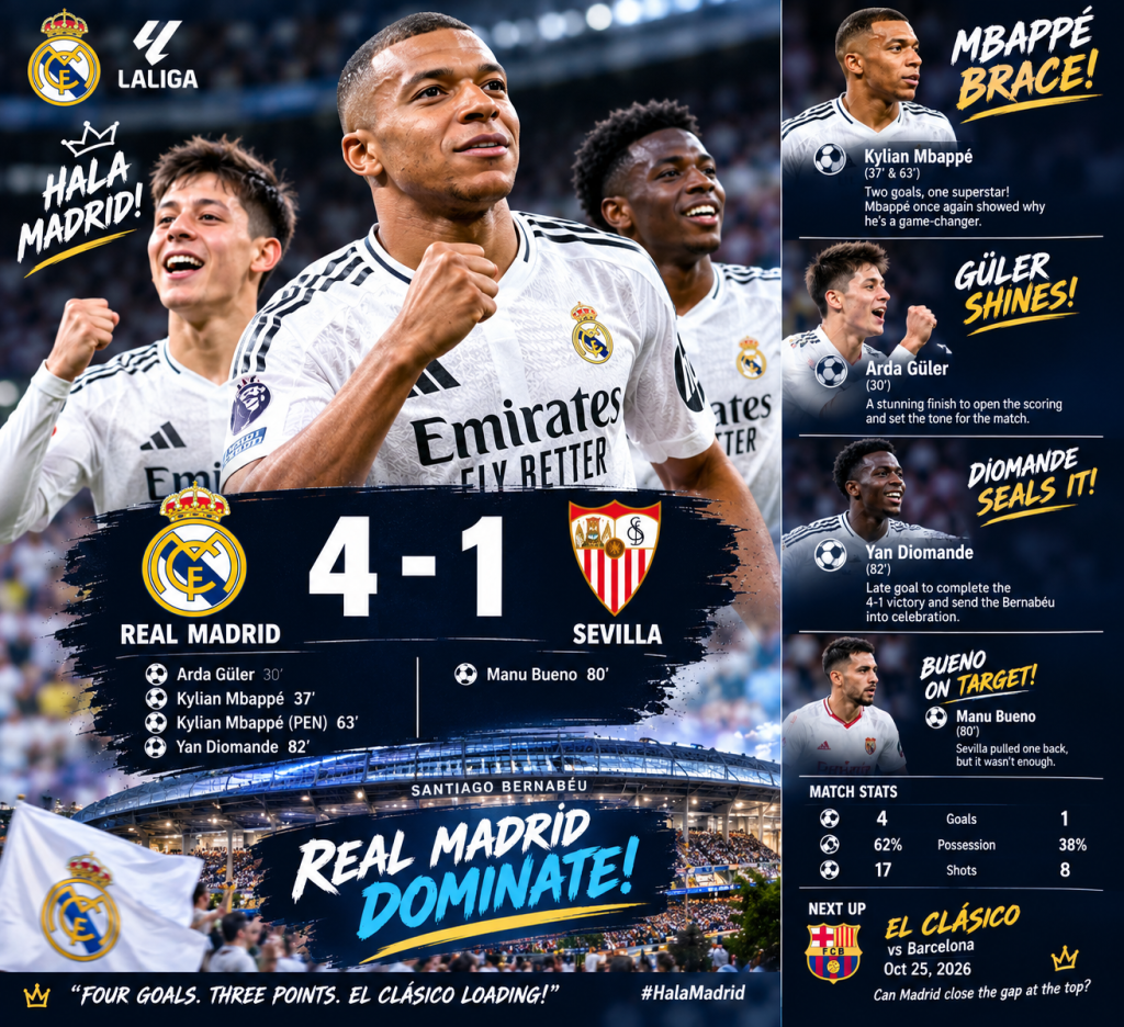 REAL MADRID DESTROY SEVILLA 4–1 AS MBAPPÉ BRACE FIRES LOS BLANCOS TO VICTORY!