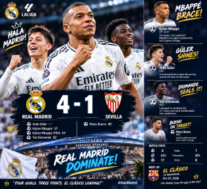 REAL MADRID DESTROY SEVILLA 4–1 AS MBAPPÉ BRACE FIRES LOS BLANCOS TO VICTORY!