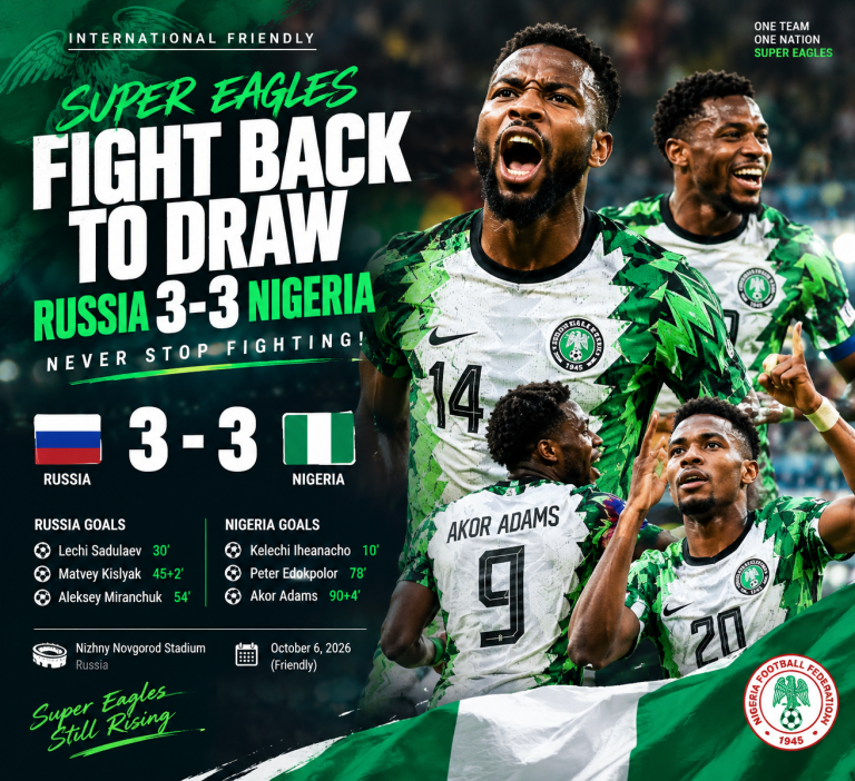Nigeria Fight Back From 3-1 Down to Draw Russia 3-3