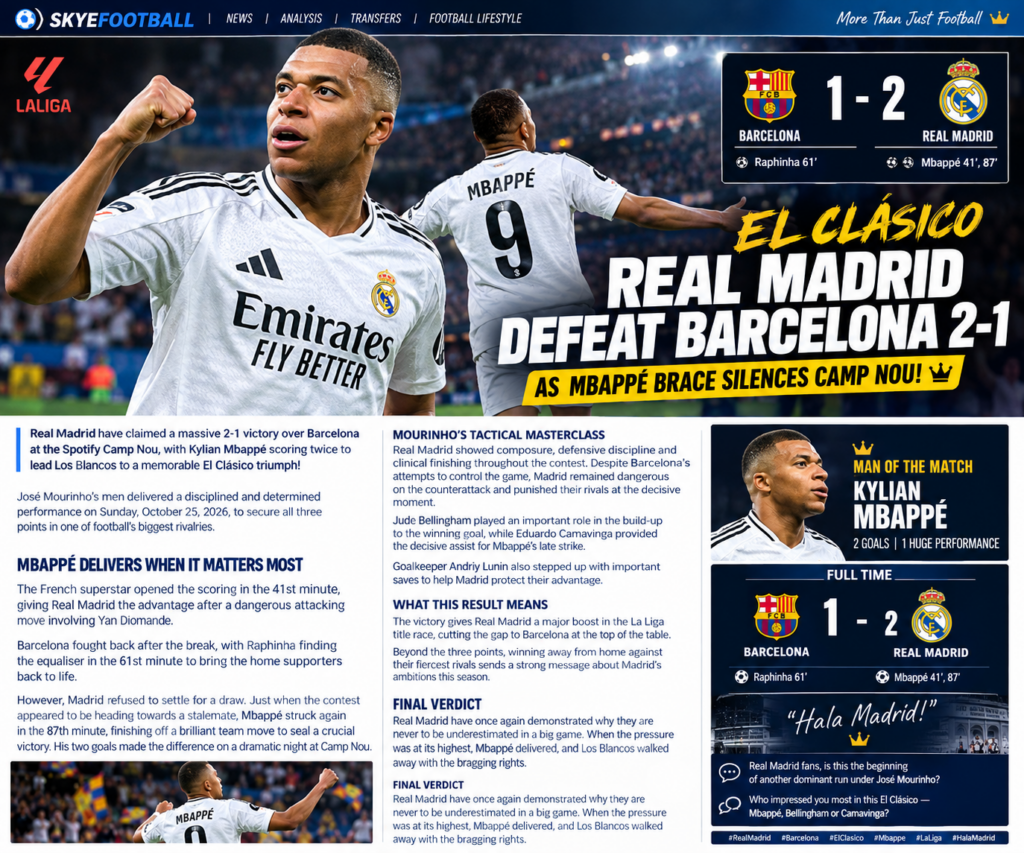 REAL MADRID DEFEAT BARCELONA 2-1 IN EL CLÁSICO AS MBAPPÉ BRACE SILENCES CAMP NOU! 🤍⚽